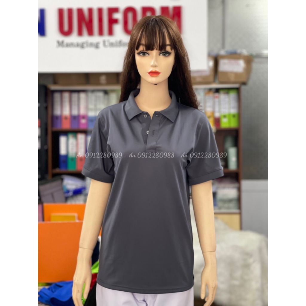 Áo thun có cổ cho nam nữ màu xám đậm vải poly thái bền đẹp _ Hình chụp thật