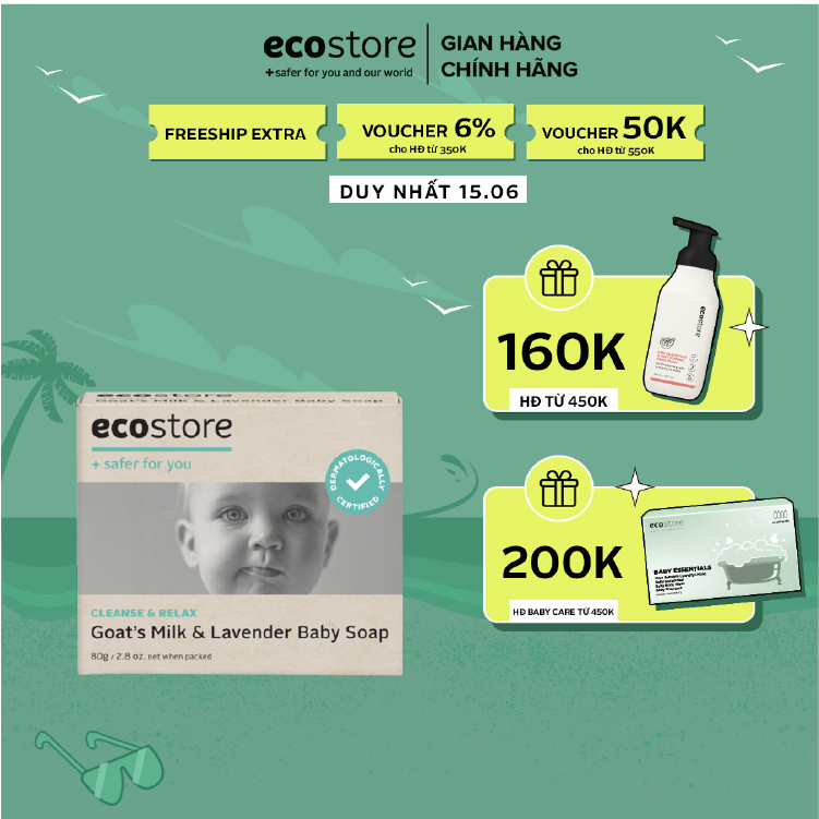 Bánh xà phòng gốc thực vật ECOSTORE 80g dịu nhẹ - dưỡng ẩm cho bé từ Sữa dê và Hoa oải hương 80g