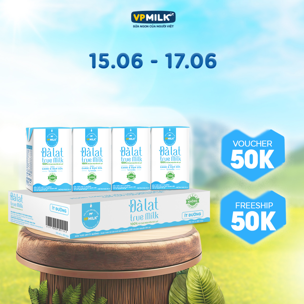 Sữa tươi UHT Đà Lạt True Milk VPMilk ít đường hộp 110ml (thùng 48 hộp)