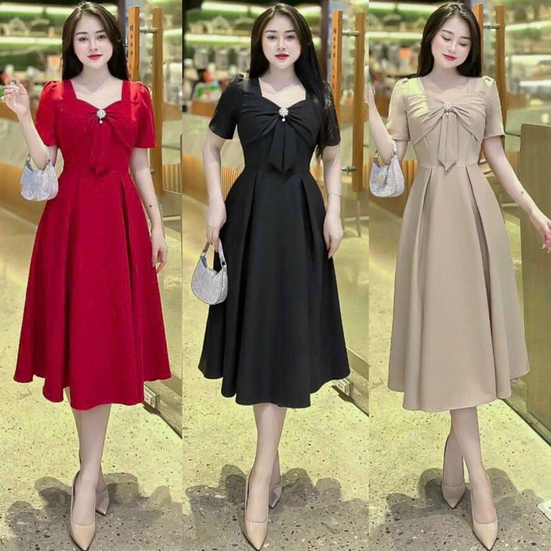 Đầm dự tiệc, công sở váy xoè phối tag cài áo _ Đầm thiết kế nhiều form size M.L.XL.2XL