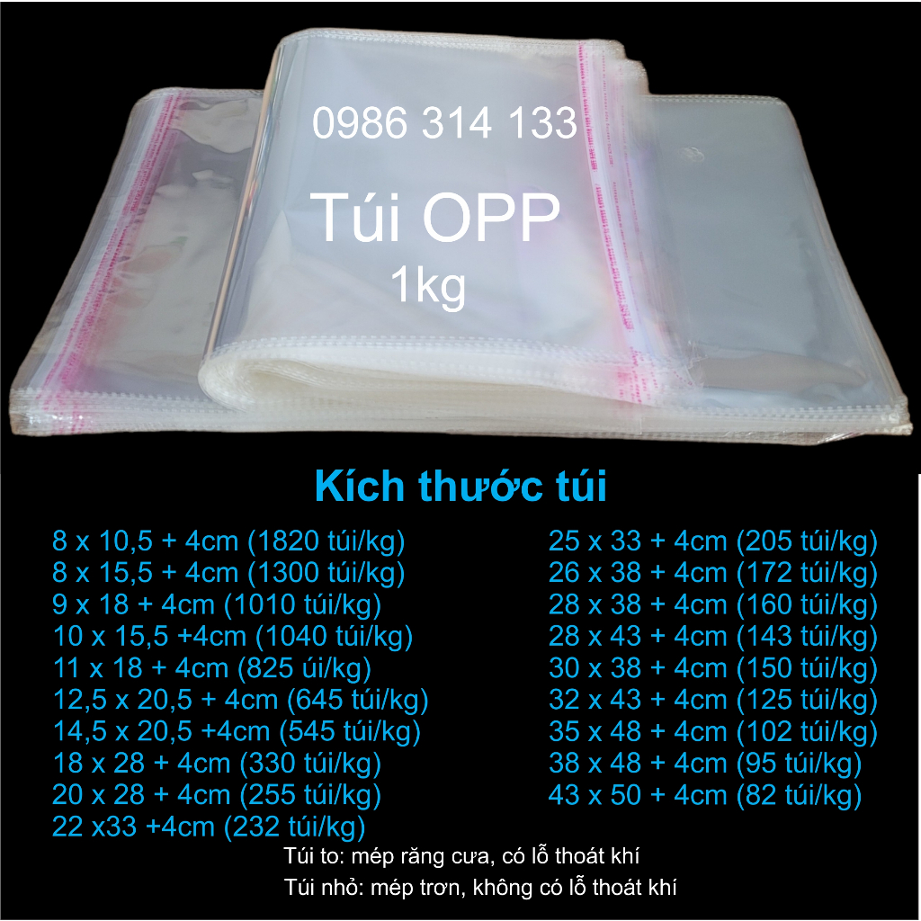 1Kg - Túi Bóng Kính OPP Dán Miệng Nhiều Kích Thước- Đóng Quần Áo