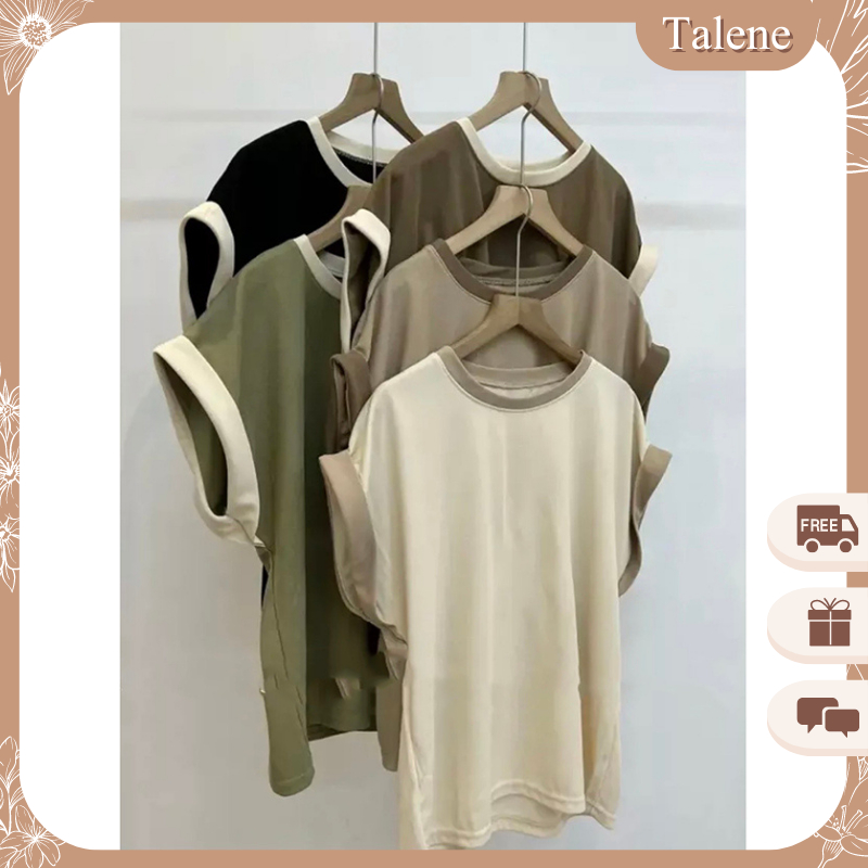 Áo Thun Nữ Cotton Cổ Tròn Tay Hến Phối Viền Phong Cách Hàn Quốc Thời Trang Talene TOP NU 083