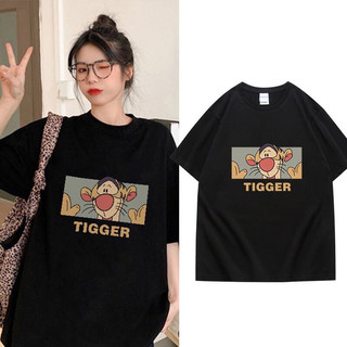 Áo thun cotton cổ tròn tay ngắn form rộng in hình Tiger vẫy tay cute