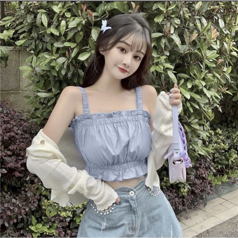 Áo croptop HM Style áo nữ 2 dây eo nhún phong cách bánh bèo xinh xắn đi cafe đi chơi