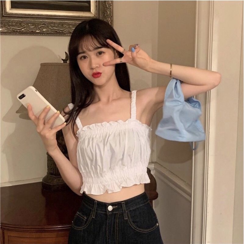 Áo croptop HM Style áo nữ 2 dây eo nhún phong cách bánh bèo xinh xắn đi cafe đi chơi