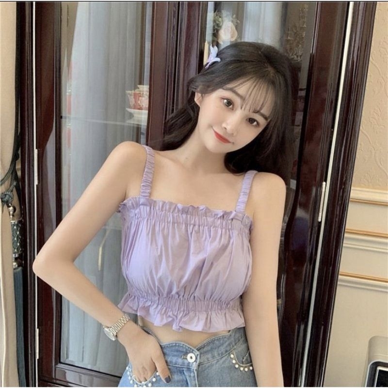 Áo croptop HM Style áo nữ 2 dây eo nhún phong cách bánh bèo xinh xắn đi cafe đi chơi