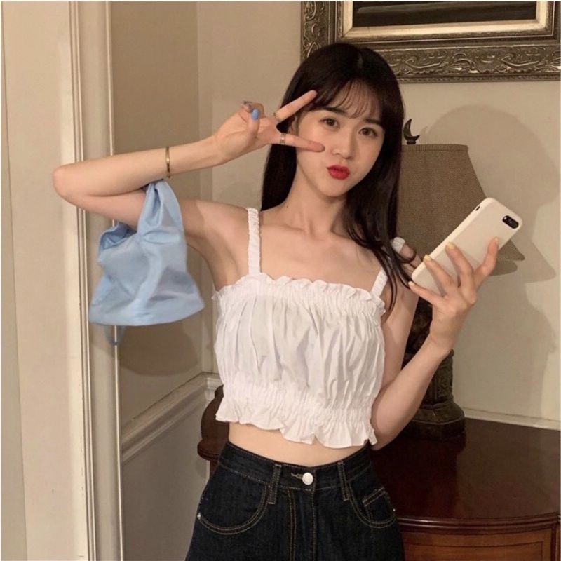 Áo croptop HM Style áo nữ 2 dây eo nhún phong cách bánh bèo xinh xắn đi cafe đi chơi
