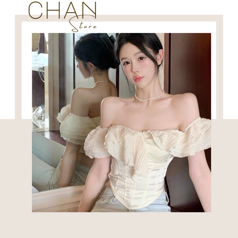 Áo trễ vai bèo dáng ôm croptop phong cách hàn quốc(kèm ảnh thật)
