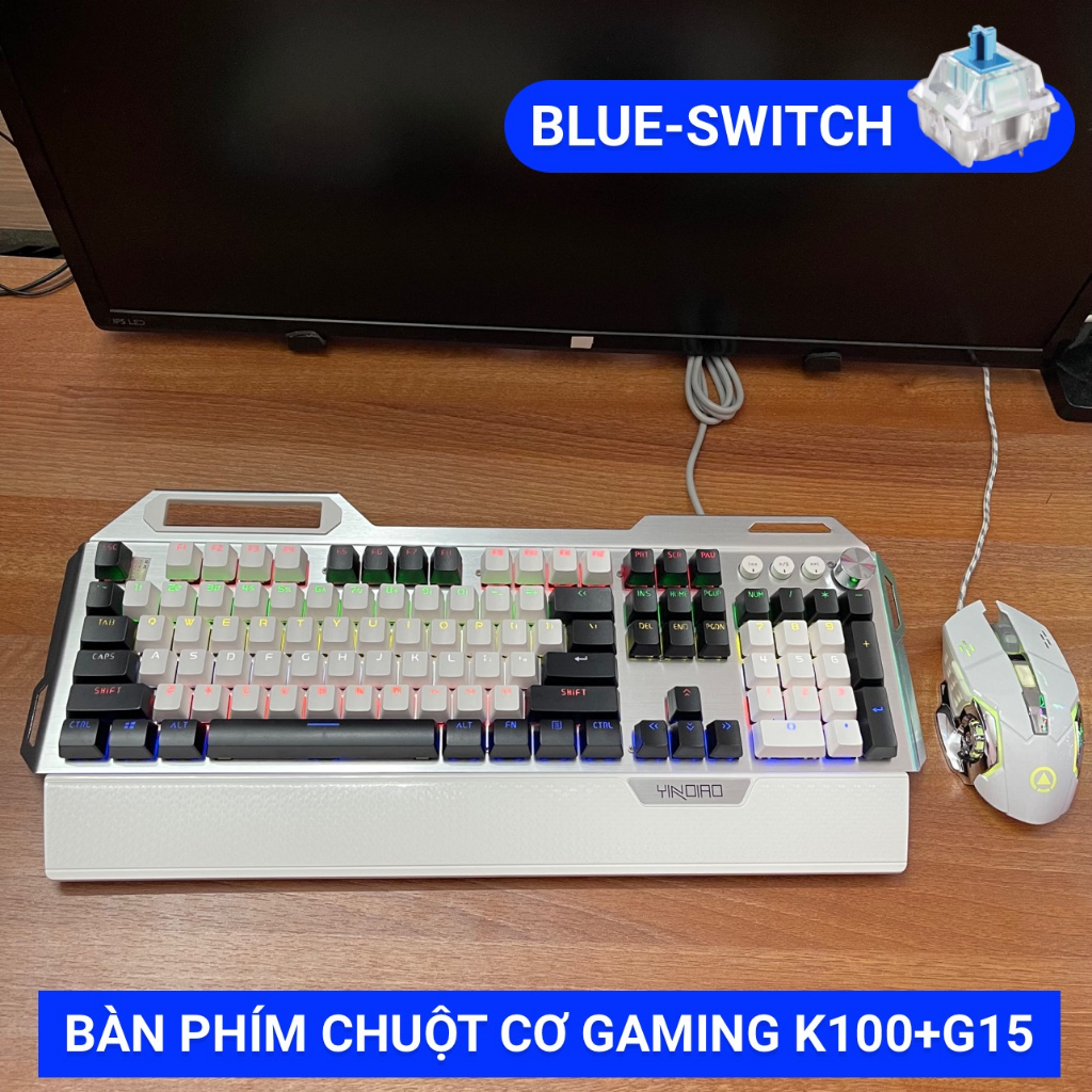 COMBO Bàn Phím Chuột Cơ K100Pro+G15 - LED 13 Hiệu Ứng Xuyên Chữ - Blue Switch - Dùng Cho Máy Tính Laptop - Trắng Đen Đỏ