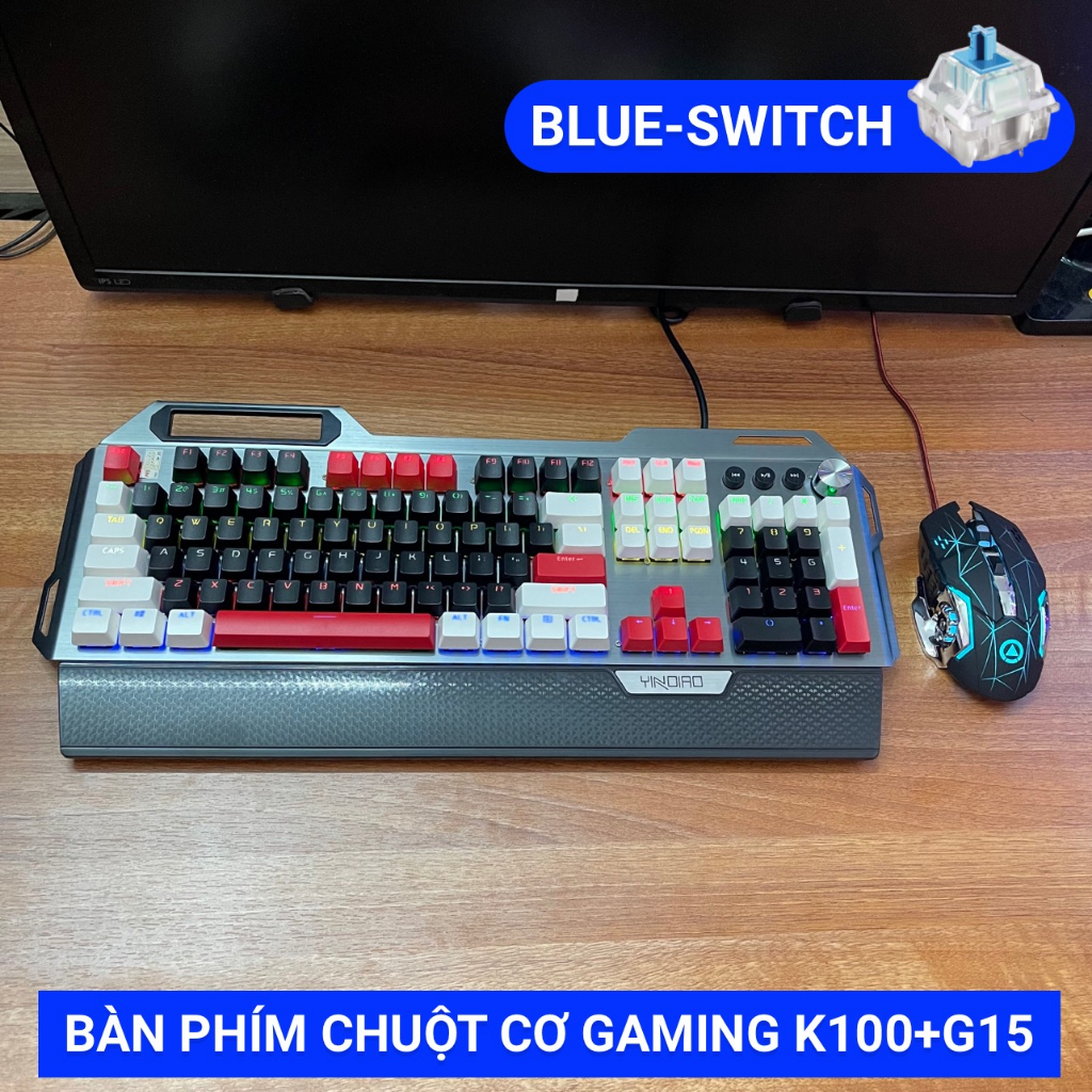 COMBO Bàn Phím Chuột Cơ K100Pro+G15 - LED 13 Hiệu Ứng Xuyên Chữ - Blue Switch - Dùng Cho Máy Tính Laptop - Trắng Đen Đỏ