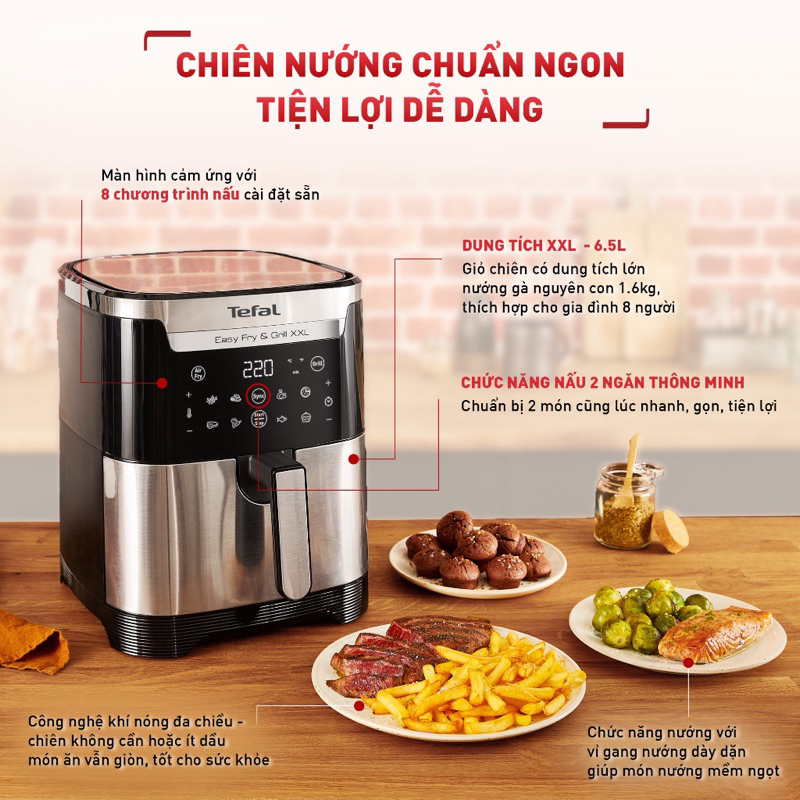 Nồi chiên không dầu Tefal 2in1 Easy Fry & Grill 6.5L EY801D15