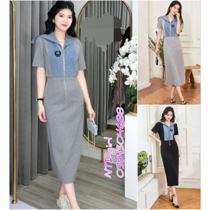 Hàng nhập - Đầm dáng ôm suông nhẹ vải jean phối thun, váy xuông tay ngắn mát lạnh cổ choàng