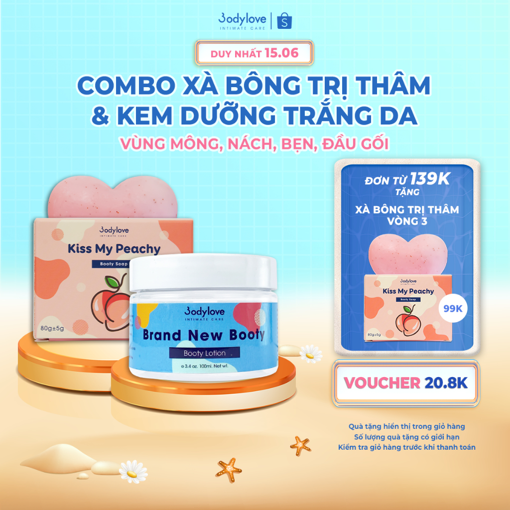 COMBO 1 hộp xà bông + 1 hũ kem dưỡng trắng da mông, nách, bẹn, đầu gối 100ml BODYLOVE