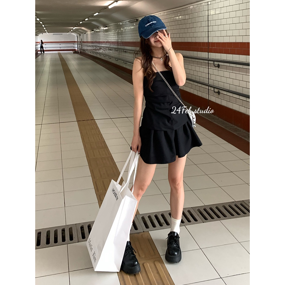 Set áo cúp ngực nhún eo kèm chân váy phong cách ulzzang Hàn Quốc