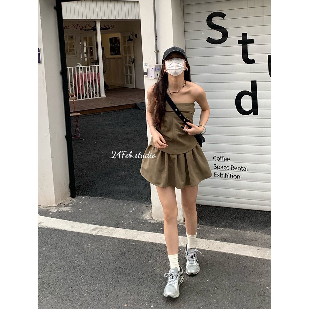 Set áo cúp ngực nhún eo kèm chân váy phong cách ulzzang Hàn Quốc