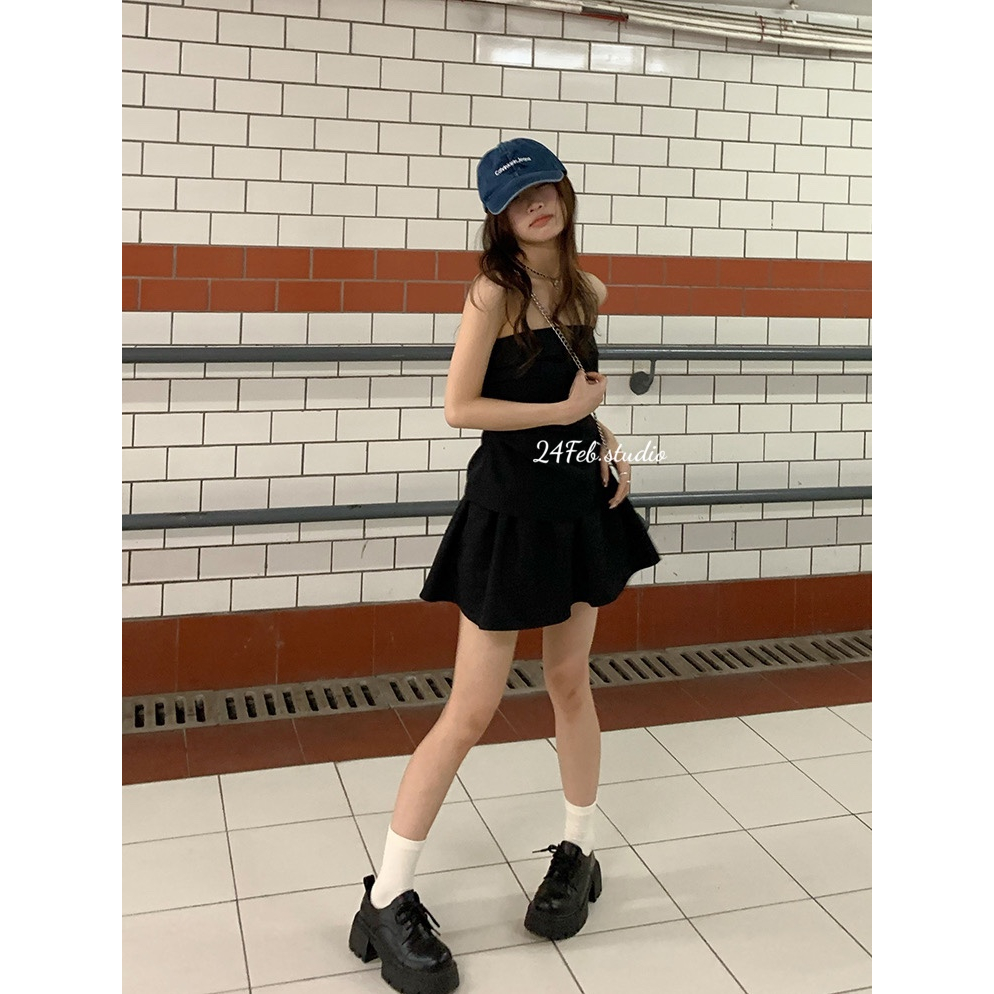 Set áo cúp ngực nhún eo kèm chân váy phong cách ulzzang Hàn Quốc