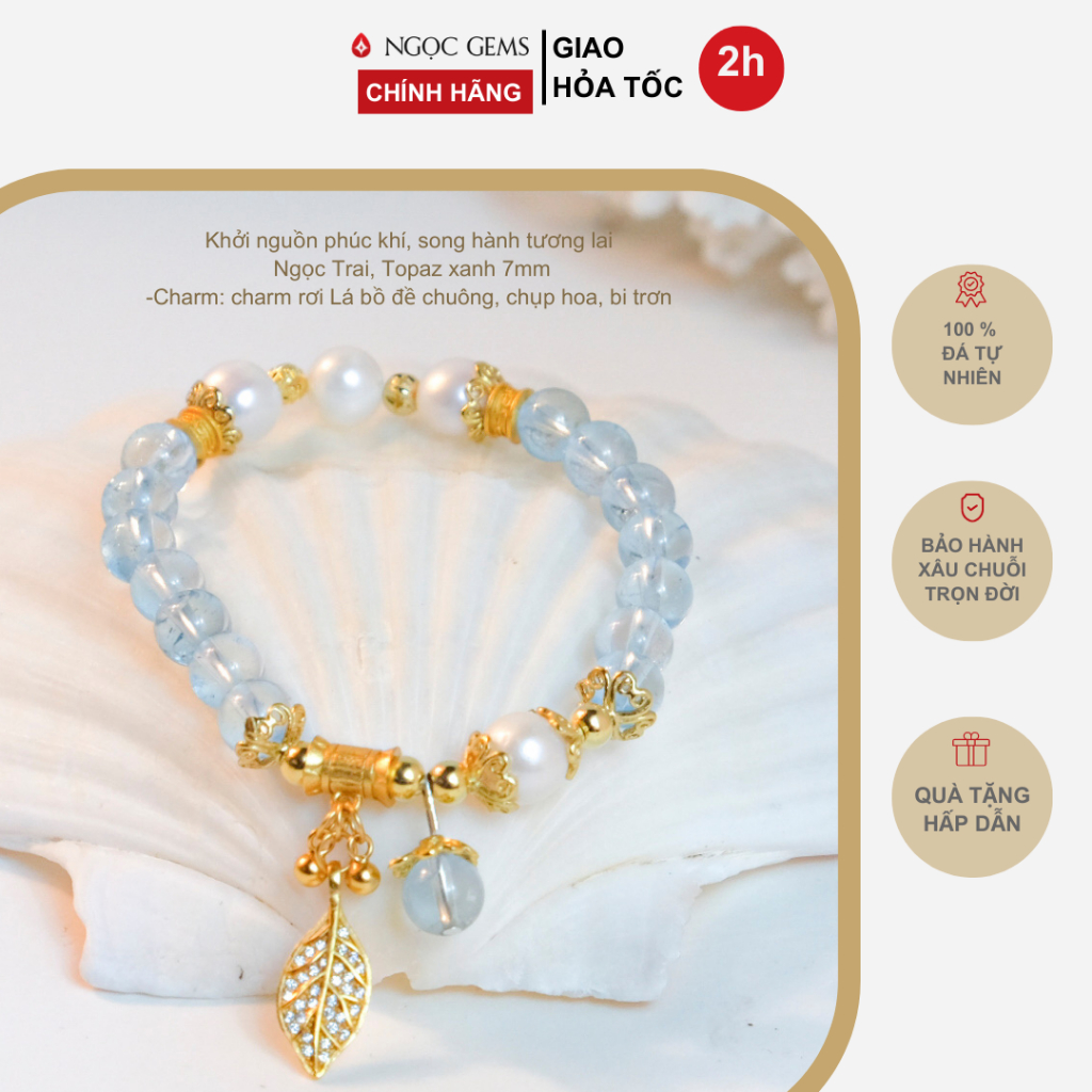 Vòng tay nữ Ngọc Trai thiên nhiên - mix đá Topaz xanh, mix Charm rơi lá Bồ Đề chuông - Ngọc Gems