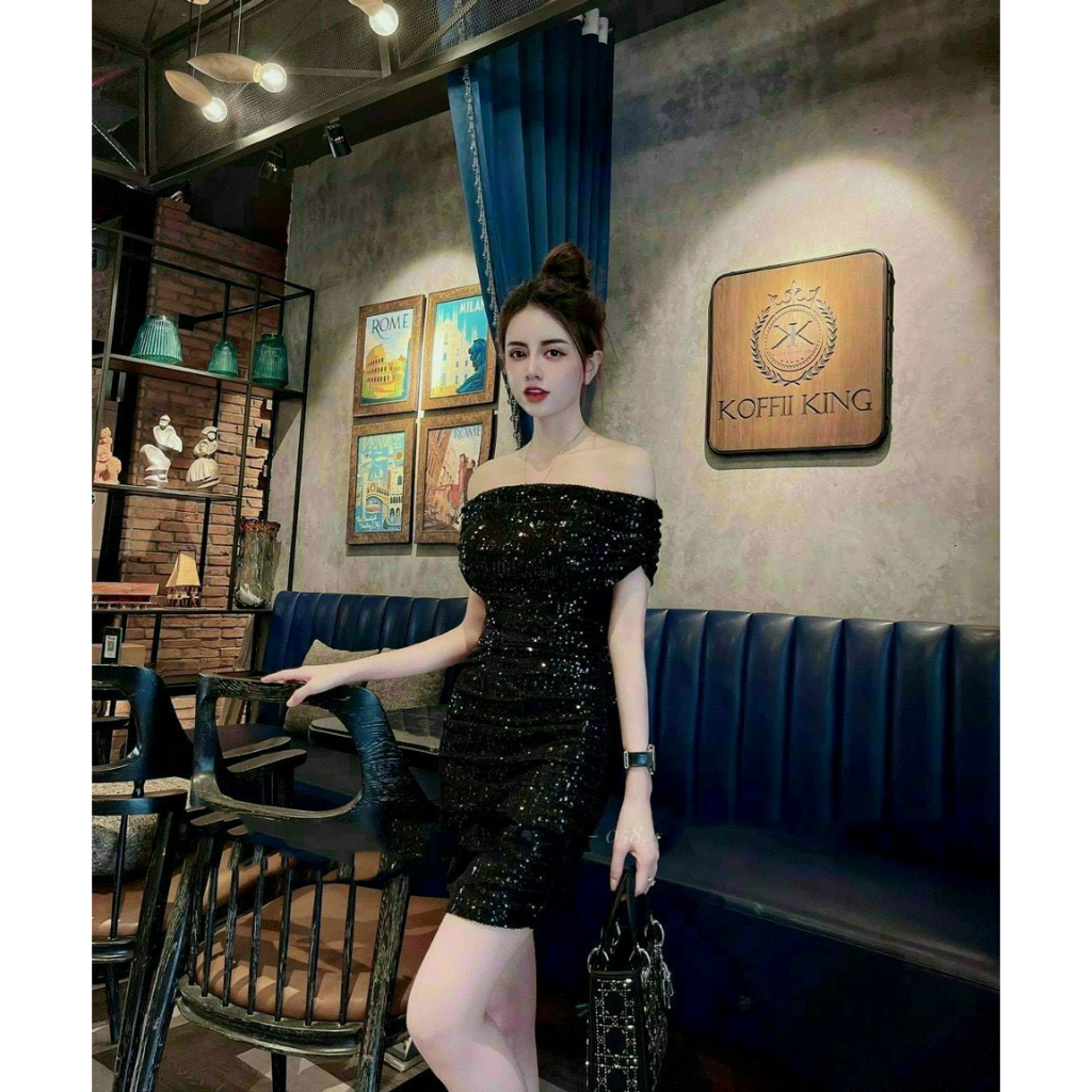 Đầm dự tiệc sang trọng trễ vai ôm boby dáng ngắn Meek44