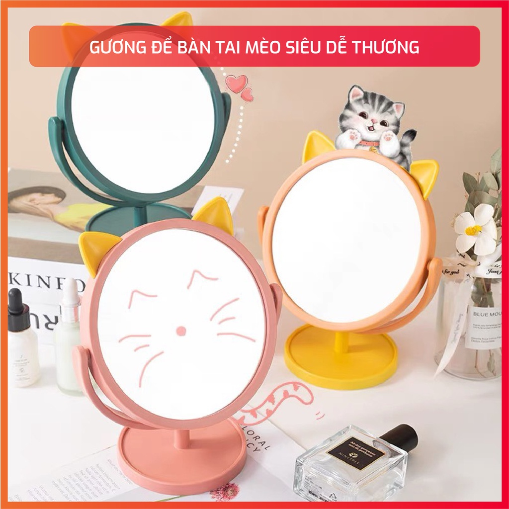 Gương Để Bàn Trang Điểm Gương Cầm Tay Tai Mèo Cute Phong Cách Hàn Quốc
