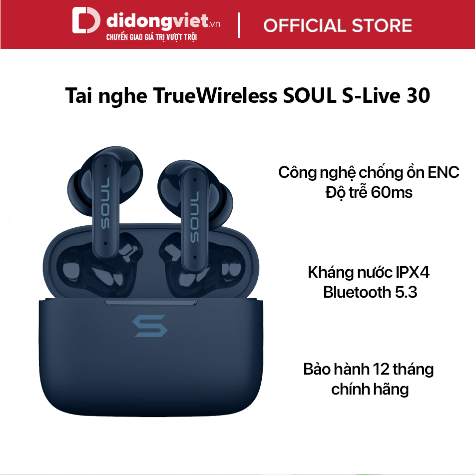Tai nghe TrueWireless SOUL S-Live 30 - Công nghệ chống ồn ENC, Kháng nước IPX4, Bluetooth 5.3, Độ trễ 60ms, BH 12 tháng