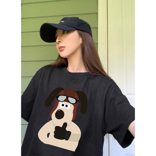 Áo thun cotton cổ tròn tay ngắn form rộng in hình chú chó đội kính like siêu ngầu