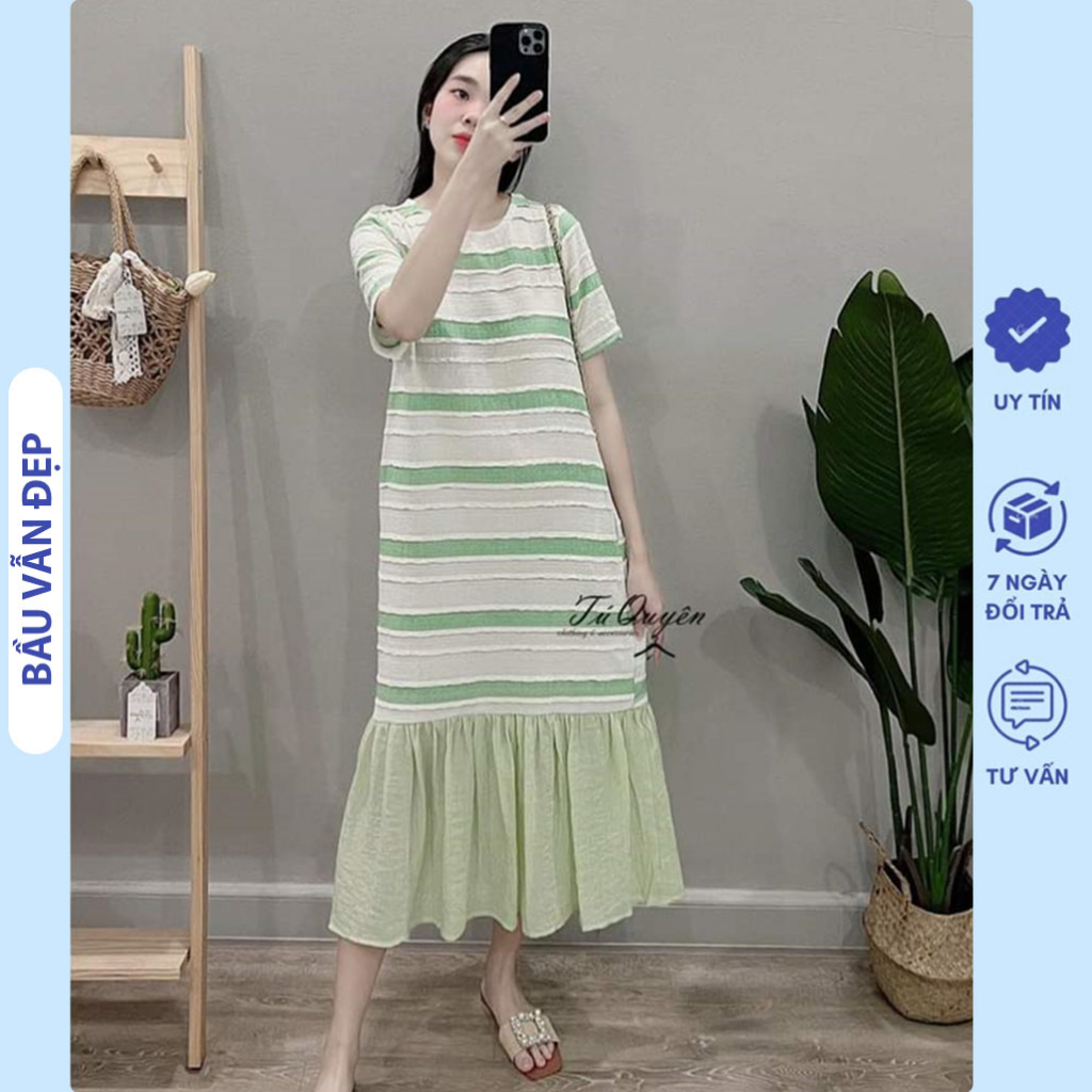 Đầm Váy Bầu Công Sở Mùa Hè Dáng Suông Đuôi Cá Đẹp Chất Dệt Kim Mềm Mát - Đầm Bầu Cộc Tay Bigsize