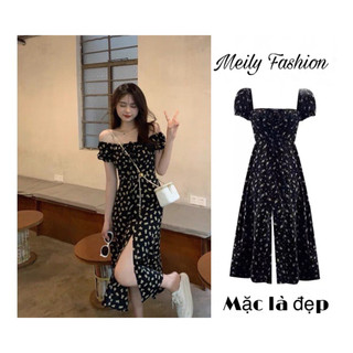 Đầm midi đen cổ vuông hoa trắng nhí xẻ tà