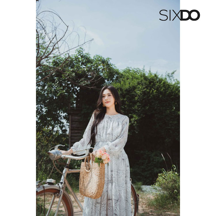 Đầm hoa voan midi tay bồng nhún eo tầng thời trang SIXDO (Floral Midi Voile Dress)