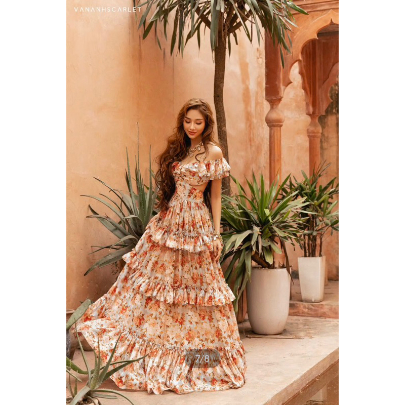 VAS - Vananh Scarlet - Đầm Maxi trễ vai bèo tầng hoạ tiết hoa lá nhiệt đới