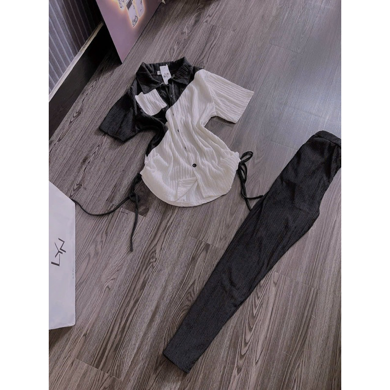 Set Bộ Thun Áo Polo Rút Xốp Nhún Tay Ngắn Túi Phối Màu Chéo + Quần Ống Ôm