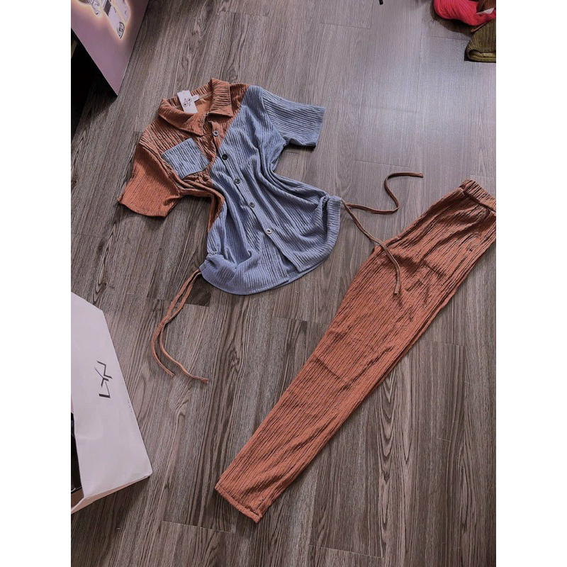 Set Bộ Thun Áo Polo Rút Xốp Nhún Tay Ngắn Túi Phối Màu Chéo + Quần Ống Ôm
