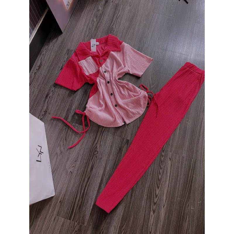 Set Bộ Thun Áo Polo Rút Xốp Nhún Tay Ngắn Túi Phối Màu Chéo + Quần Ống Ôm