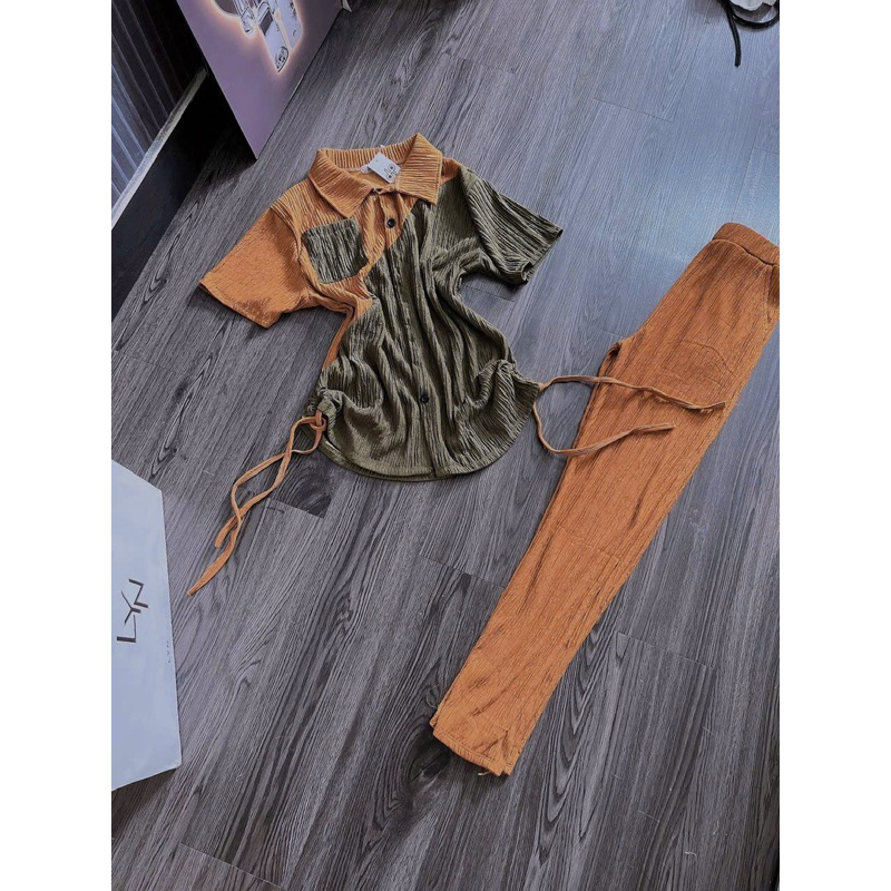 Set Bộ Thun Áo Polo Rút Xốp Nhún Tay Ngắn Túi Phối Màu Chéo + Quần Ống Ôm