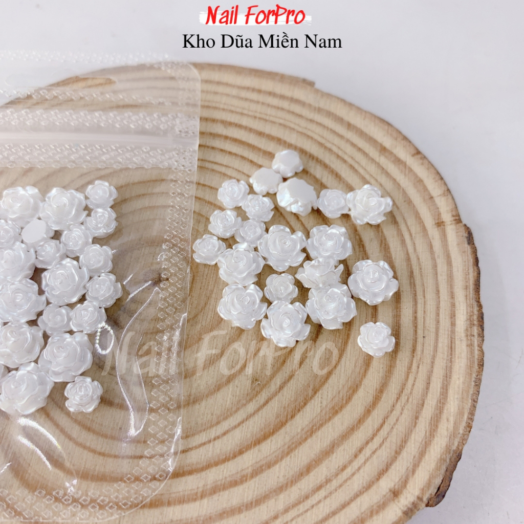 Túi 05 Charm Hoa Trà 3D Gắn Nail - Hòa Trà Trắng, Trong Ánh Cầu Vòng