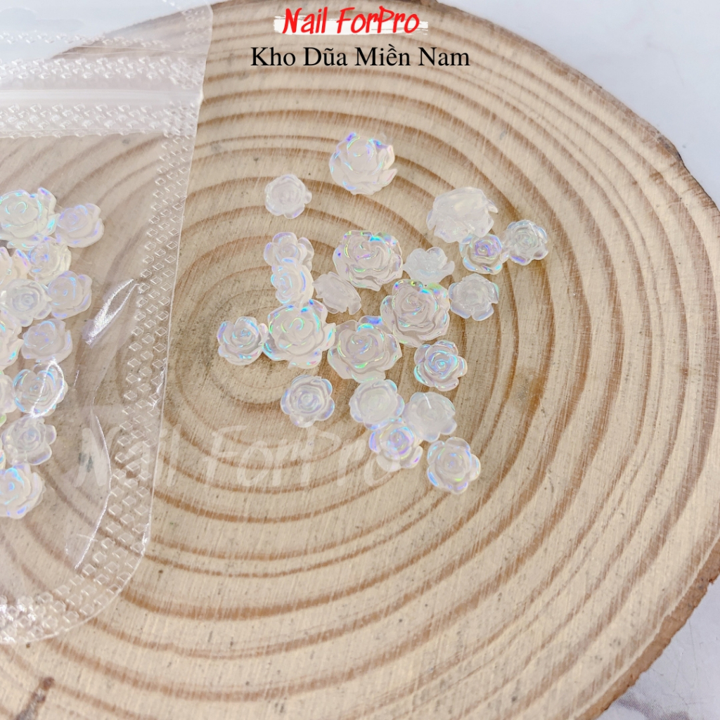 Túi 05 Charm Hoa Trà 3D Gắn Nail - Hòa Trà Trắng, Trong Ánh Cầu Vòng