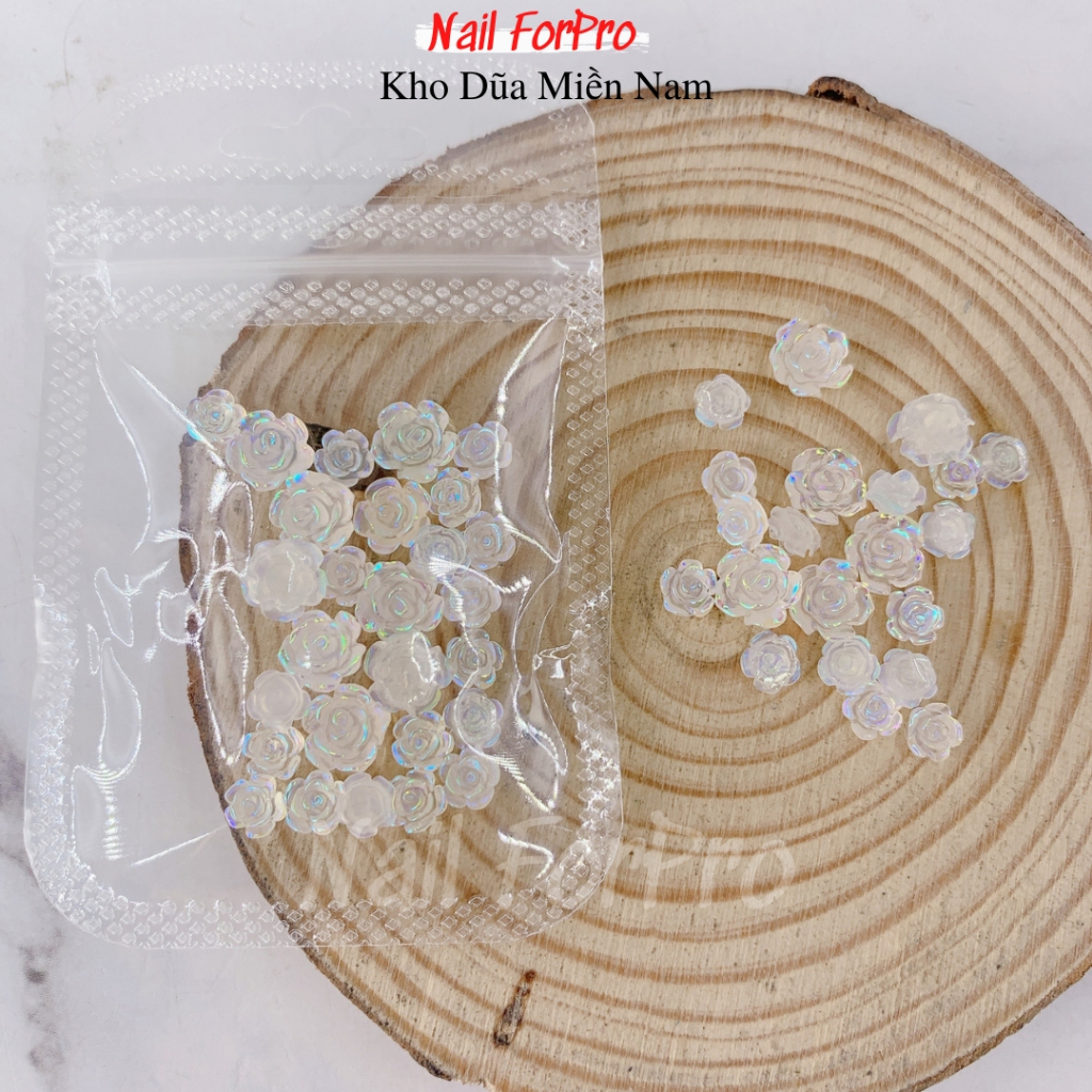 Túi 05 Charm Hoa Trà 3D Gắn Nail - Hòa Trà Trắng, Trong Ánh Cầu Vòng