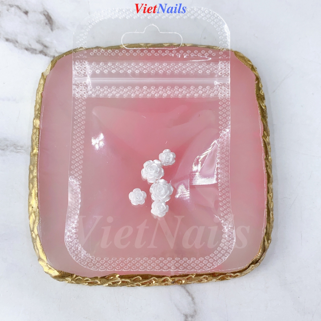 Túi 05 Charm Hoa Trà 3D Gắn Nail - Hòa Trà Trắng, Trong Ánh Cầu Vòng