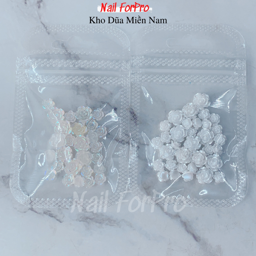 Túi 05 Charm Hoa Trà 3D Gắn Nail - Hòa Trà Trắng, Trong Ánh Cầu Vòng
