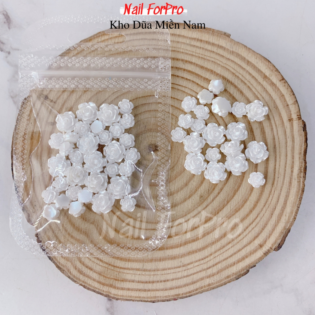 Túi 05 Charm Hoa Trà 3D Gắn Nail - Hòa Trà Trắng, Trong Ánh Cầu Vòng