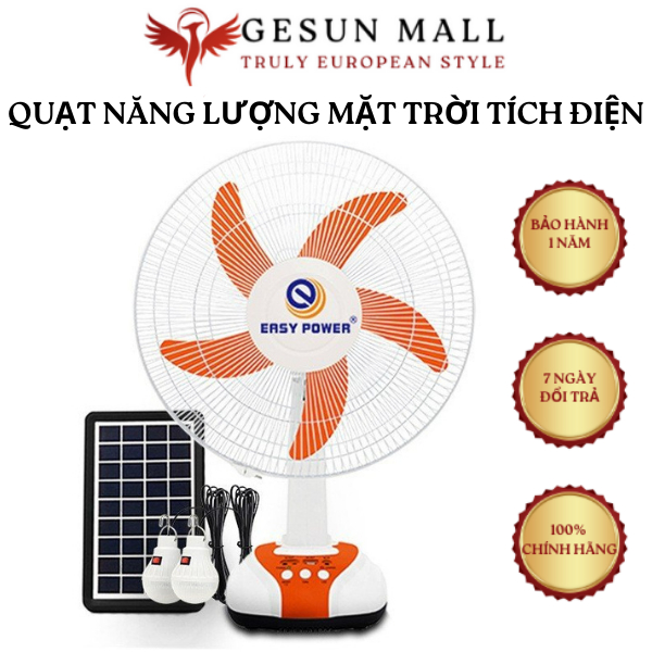 Quạt Năng Lượng Mặt Trời Tích Điện Đa Năng Ep - 3216, 5 Cánh 16Ich, Sử Dụng Từ 8 Tiếng - 2 Đèn, Sạc Được Cho Điện Thoại, G