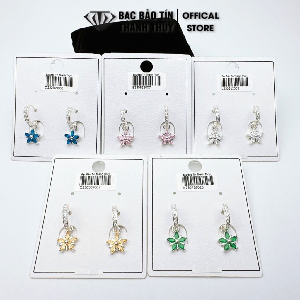 Bông tai bạc Bảo Tín Thanh Thủy, hoa tai bạc kiểu rủ hoa năm cánh gắn đá Cz màu cao cấp, dài 2.0 cm, rộng 1.0 cm
