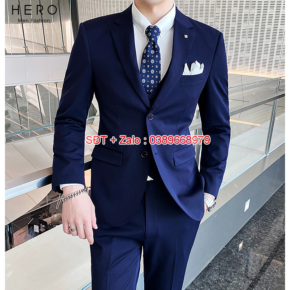 Bộ Vest Nam 2 Cúc Màu Xanh Than, Bộ Suit Nam Hàn Quốc Vải Sịn, Quần có tăng chỉnh vòng bụng.
