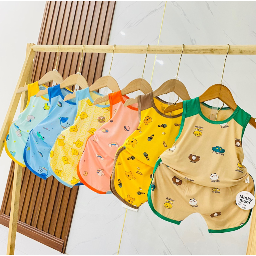 Bộ Ba Lỗ MinKy Mom Cổ Viền Áo In Tràn Hình Vai Đắp Màu Quần Viền Thun Lạnh Cho Bé
