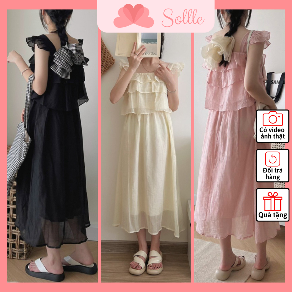 Set lụa áo 2 dây cánh tiên bèo tầng kèm chân váy chun dài midi voan tơ 2 lớp tiểu thư Sollle