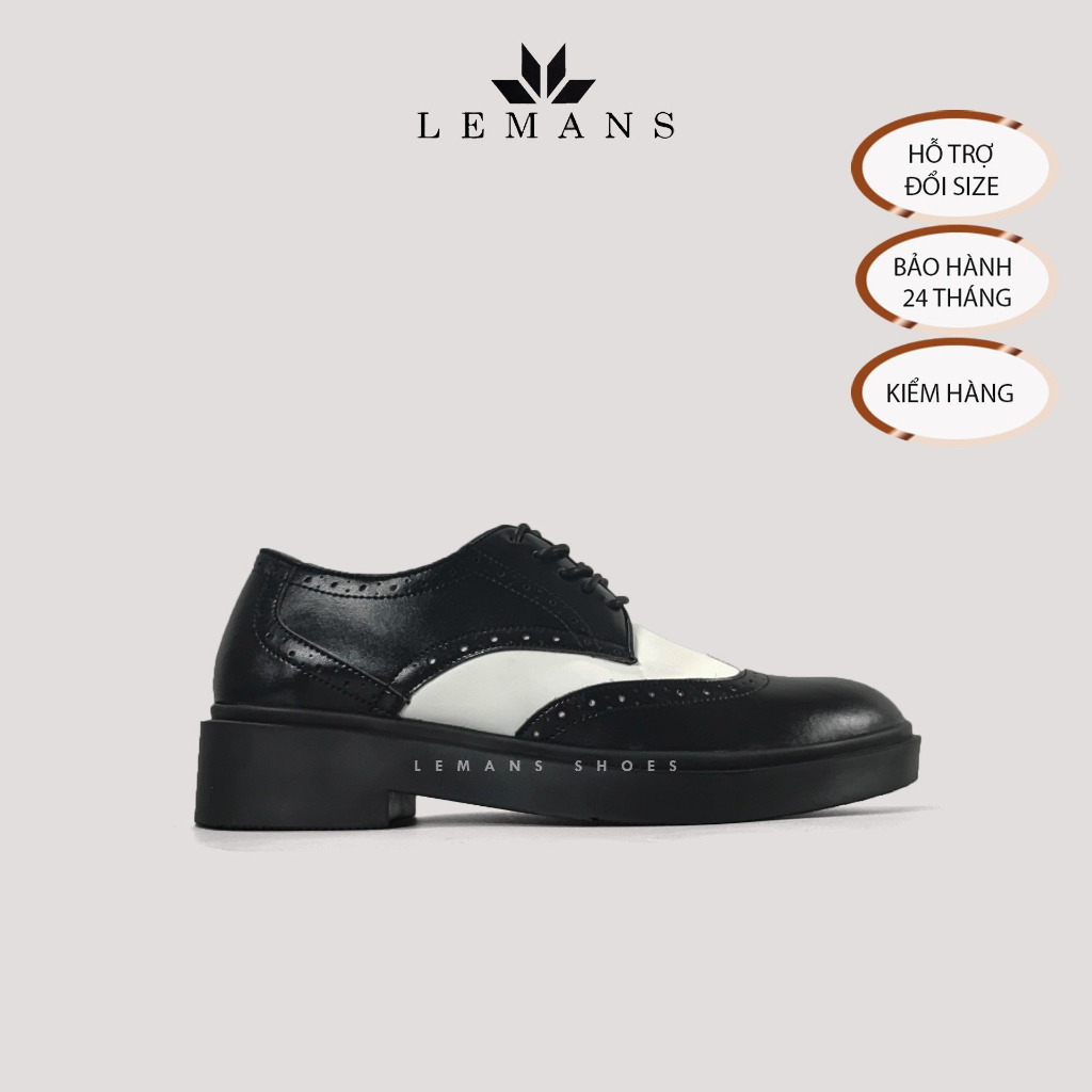 [TẶNG XI TRẮNG] Giày Derby Wingtip Black White LEMANS, Da bò đế Lemans tăng cao 4cm Bảo hành chính hãng 24 tháng