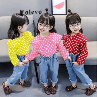 Sét quần jean ống suông áo sơ mi dài tay cho bé gái, sét áo sơ mi cổ bèo quần jean dài cho bé