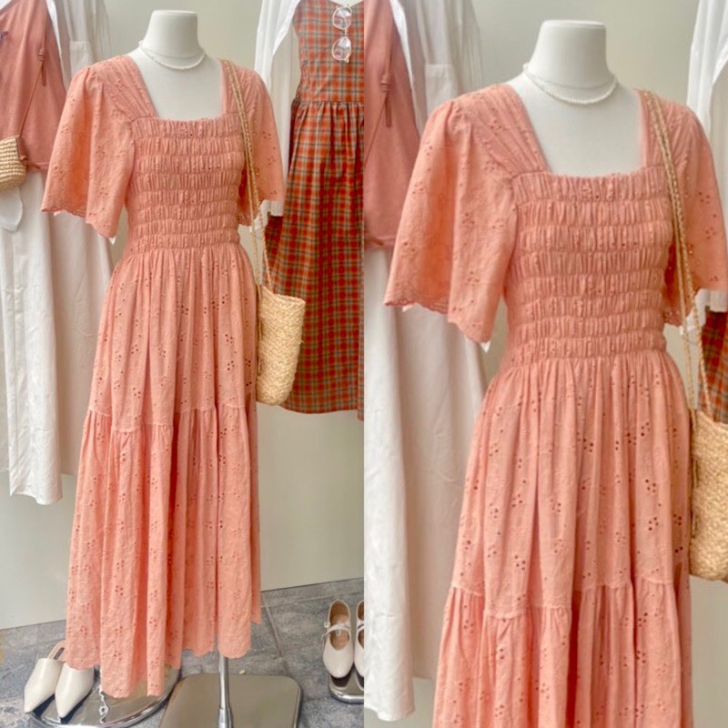 Váy babydoll chun bụng vải thô thêu