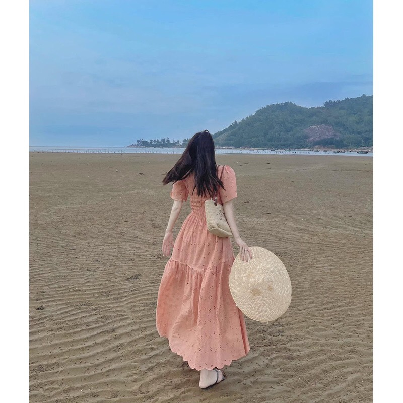 Váy babydoll chun bụng vải thô thêu