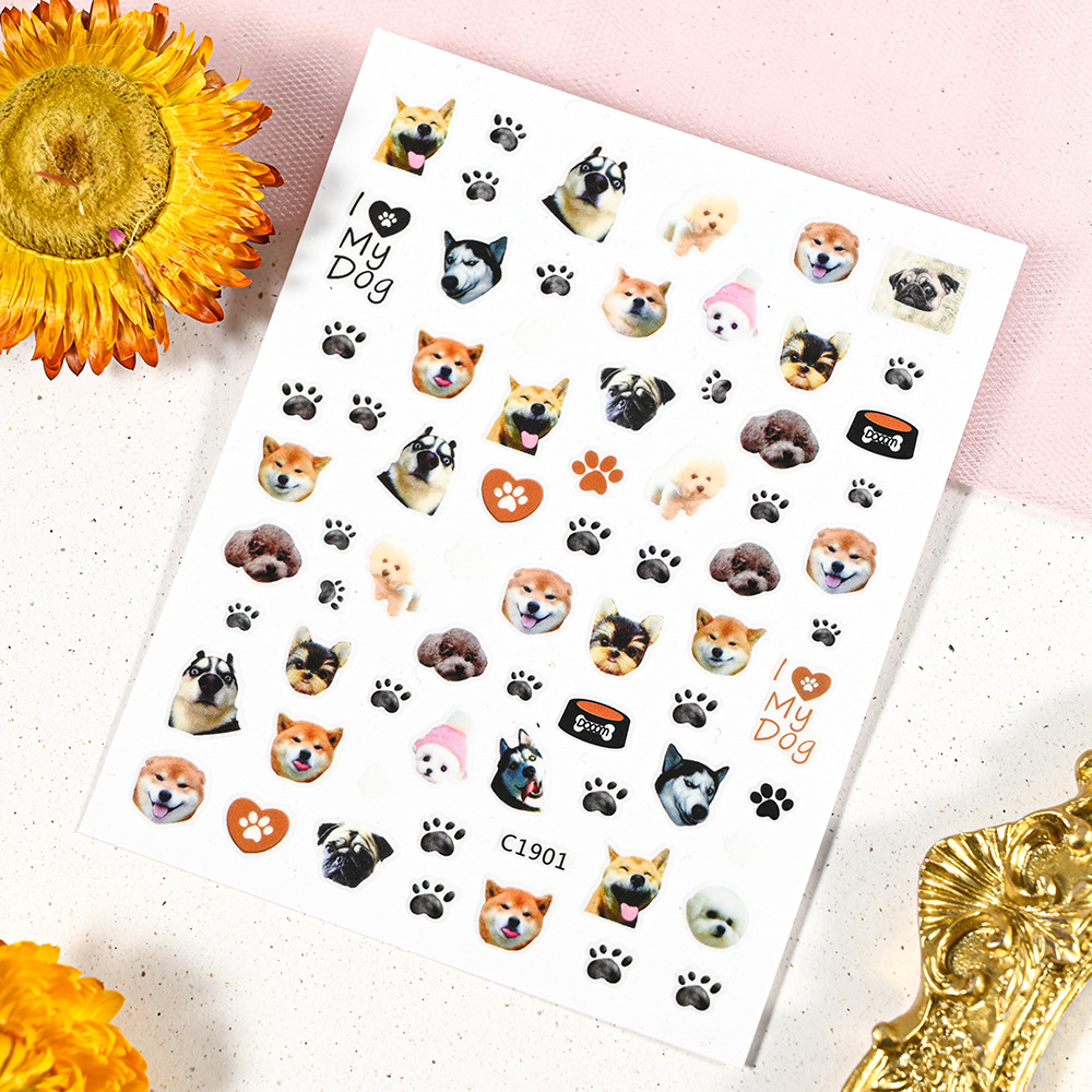 Sticker dán móng tay / Miếng dán trang trí móng tay họa tiết chó mèo dễ thương