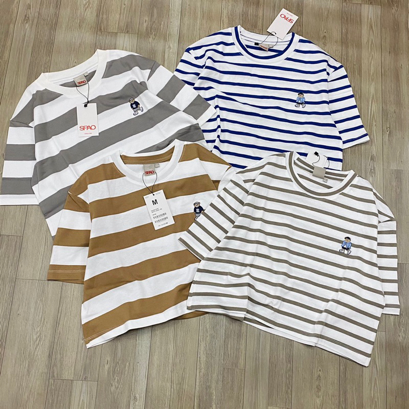 Áo thun croptop sọc thêu logo gấu Spao